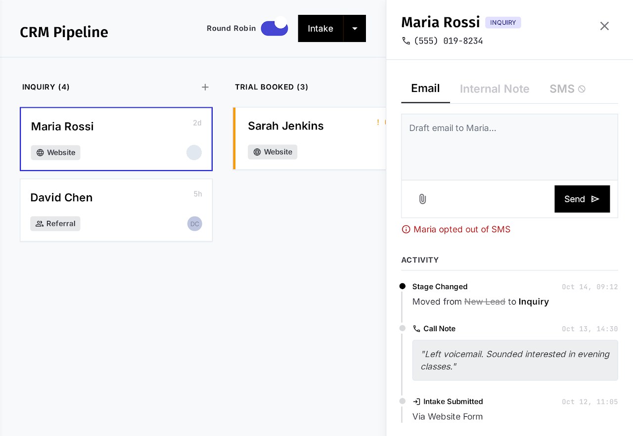 A CRM pipeline board. Leads sit in Inquiry and Trial Booked columns, each card showing where the lead came from and how long it has been waiting. A detail panel beside it drafts an email to the selected lead, flags that they have opted out of text messages, and lists their history: stage changed, a call note quoting the voicemail left, and the intake submitted through the website form.