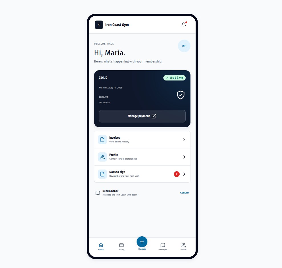 A customer portal on a phone. It greets the member by name, shows their plan and renewal date with a manage-payment action, then lists invoices, profile and documents waiting to be signed, with a contact link to the business.