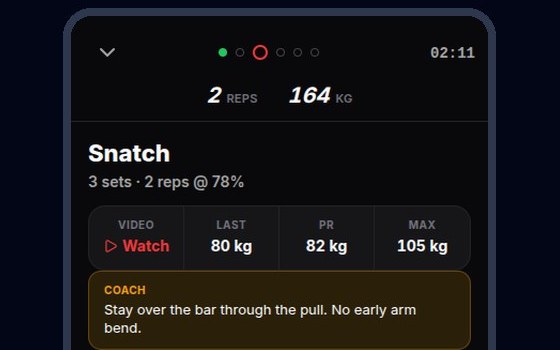 A training session being logged on a phone. The header counts the reps and load of the set in progress. Below it the movement, Snatch, three sets of two reps at 78 percent, sits beside the athlete’s last lift, personal record and maximum, and a link to the demonstration video. The coach’s note reads “Stay over the bar through the pull. No early arm bend.”