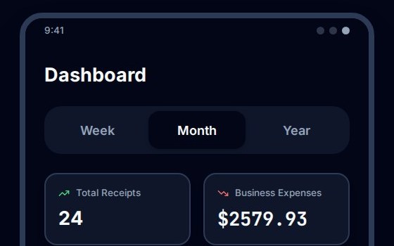 A trucking back office on a phone: a week, month and year toggle with month selected, and two tiles counting the receipts logged this month and the total business expenses.
